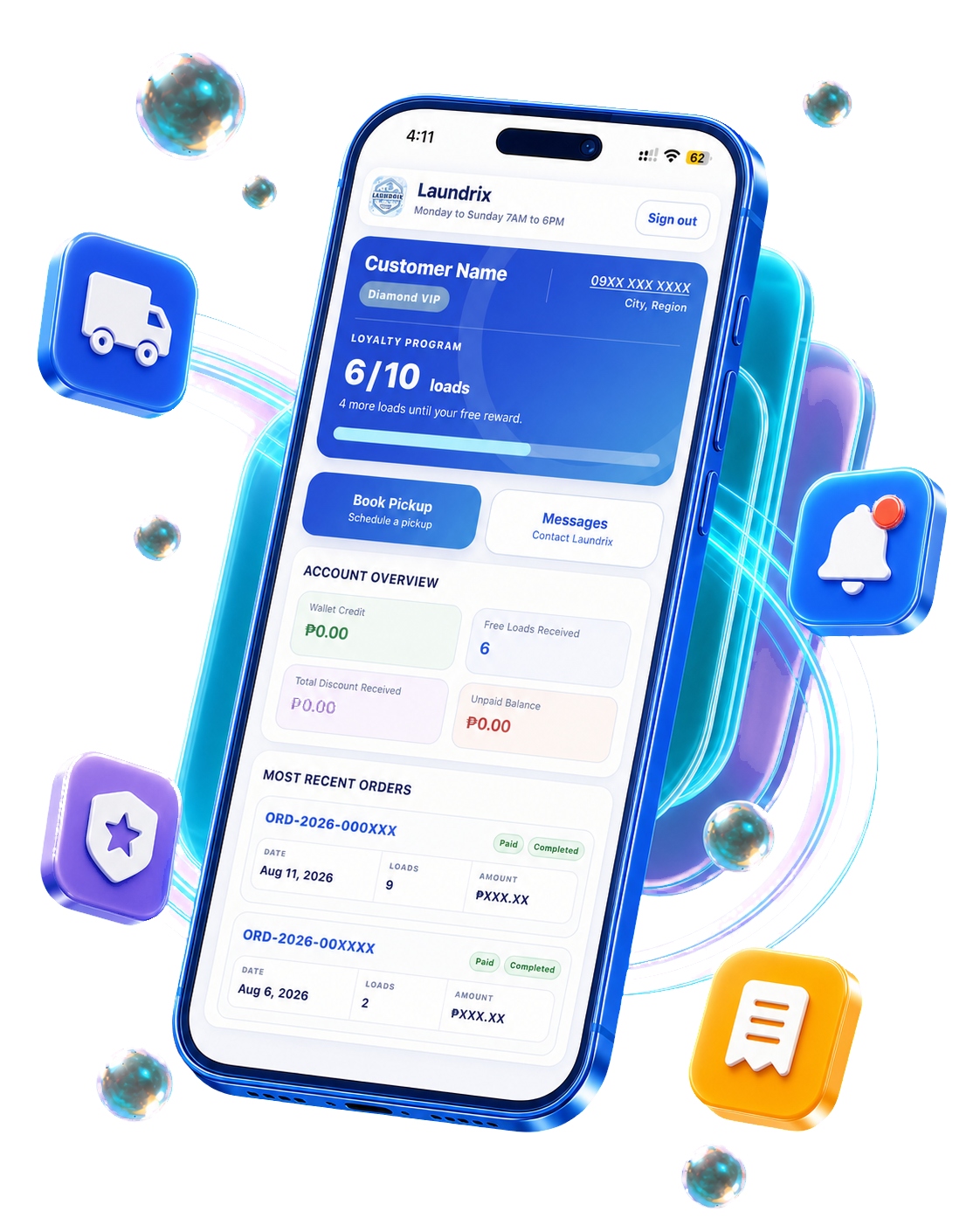 Laundrix customer portal with loyalty, pickup booking, notifications, account overview, and order history on a floating cobalt iPhone 17 Pro Max