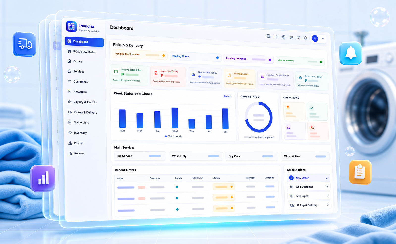 Laundrix web dashboard presented through layered liquid-glass panels
