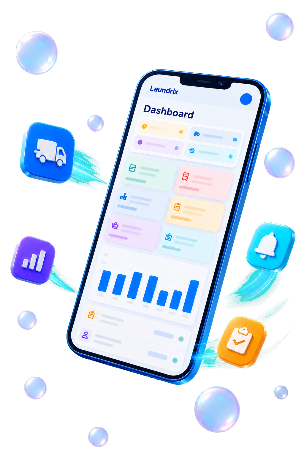 Hand-free floating Laundrix mobile dashboard with operational controls