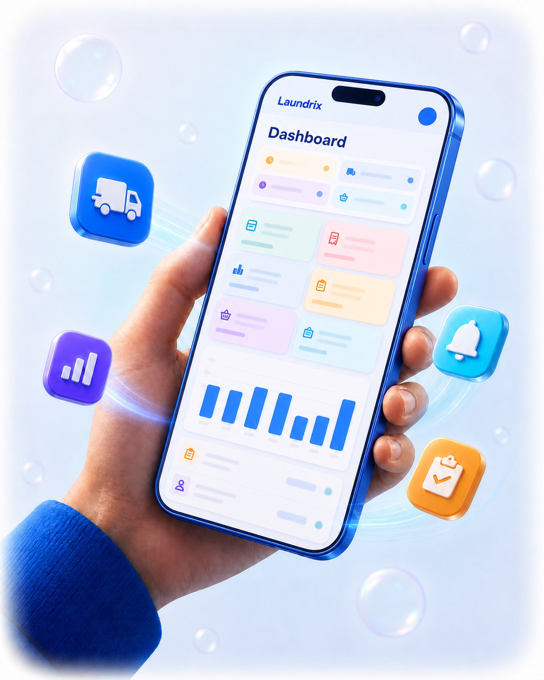 A hand holding the Laundrix dashboard in a blue iPhone 17 Pro Max-style frame with floating workflow controls