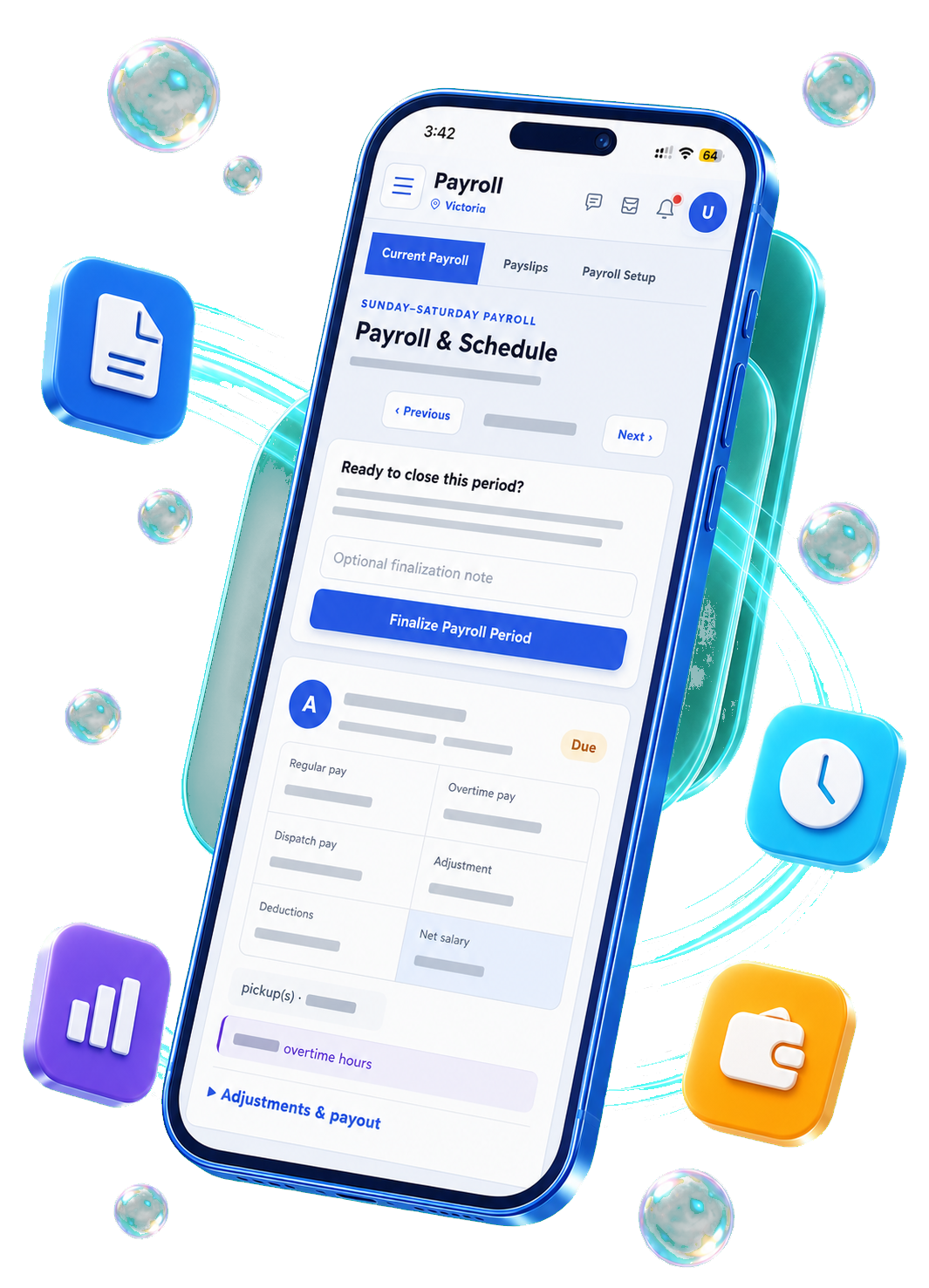 Laundrix Payroll and Schedule interface on a floating cobalt phone with transparent liquid-glass layers