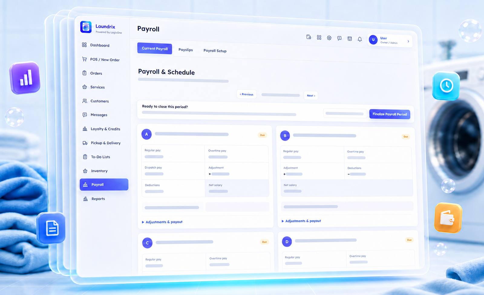 Laundrix Payroll and Schedule web interface presented through liquid-glass layers with privacy-safe values