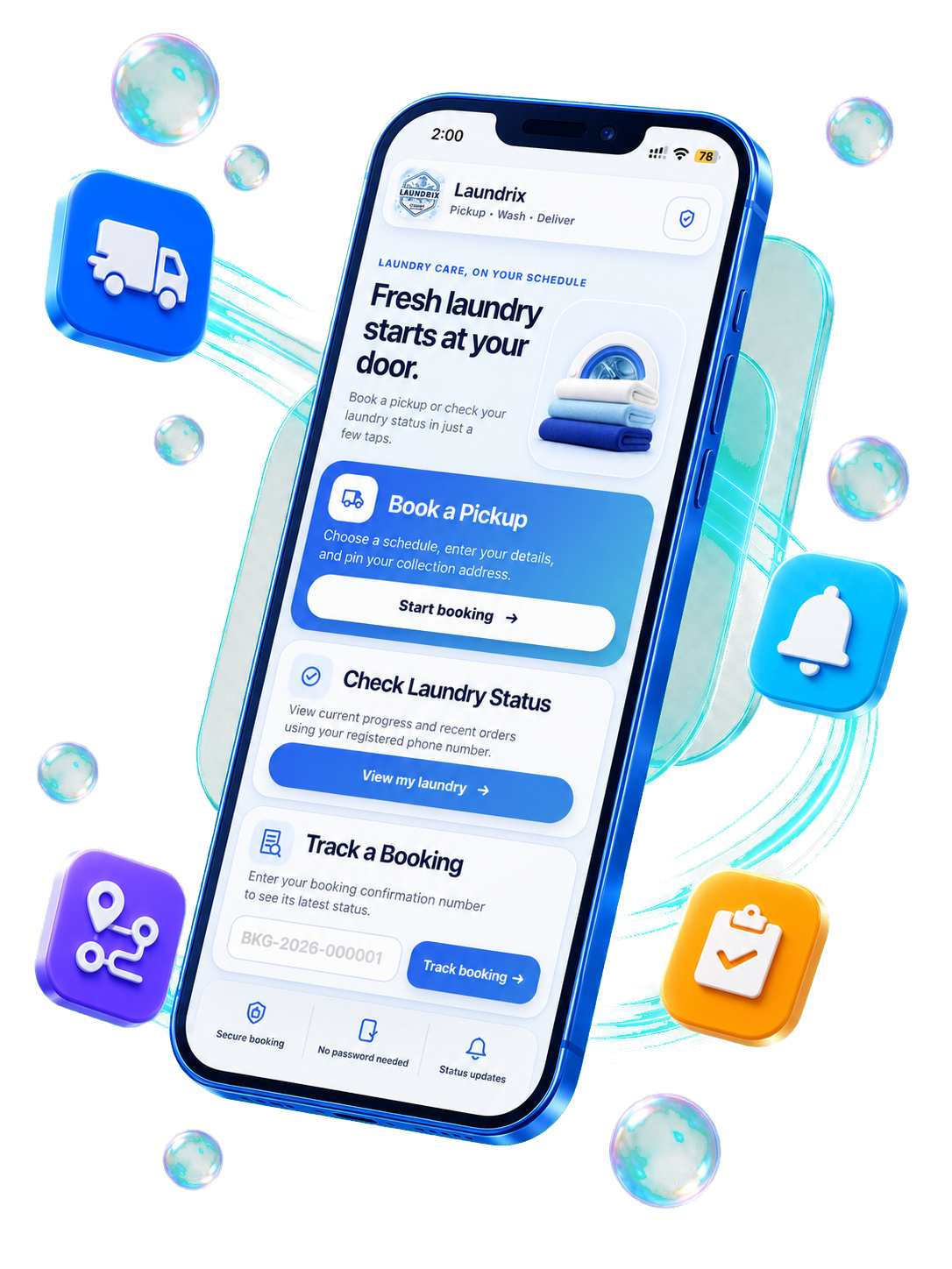 Laundrix customer pickup booking, laundry status, and booking tracking on a cobalt iPhone 17 Pro Max