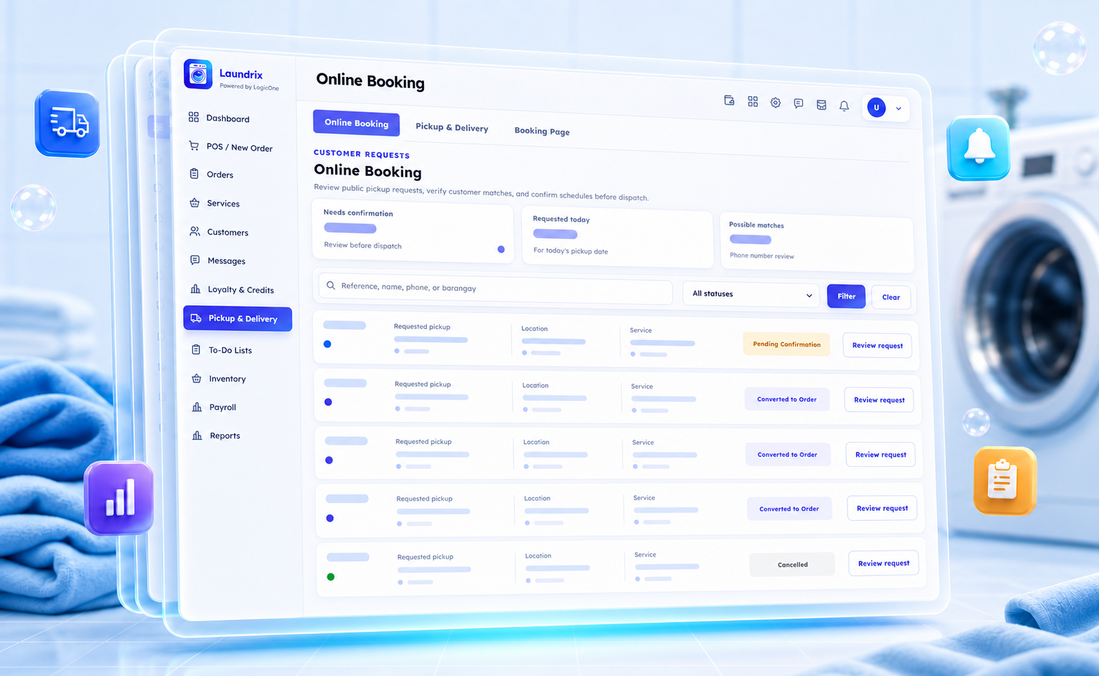 Laundrix Online Booking and Pickup & Delivery web interface presented through liquid-glass layers