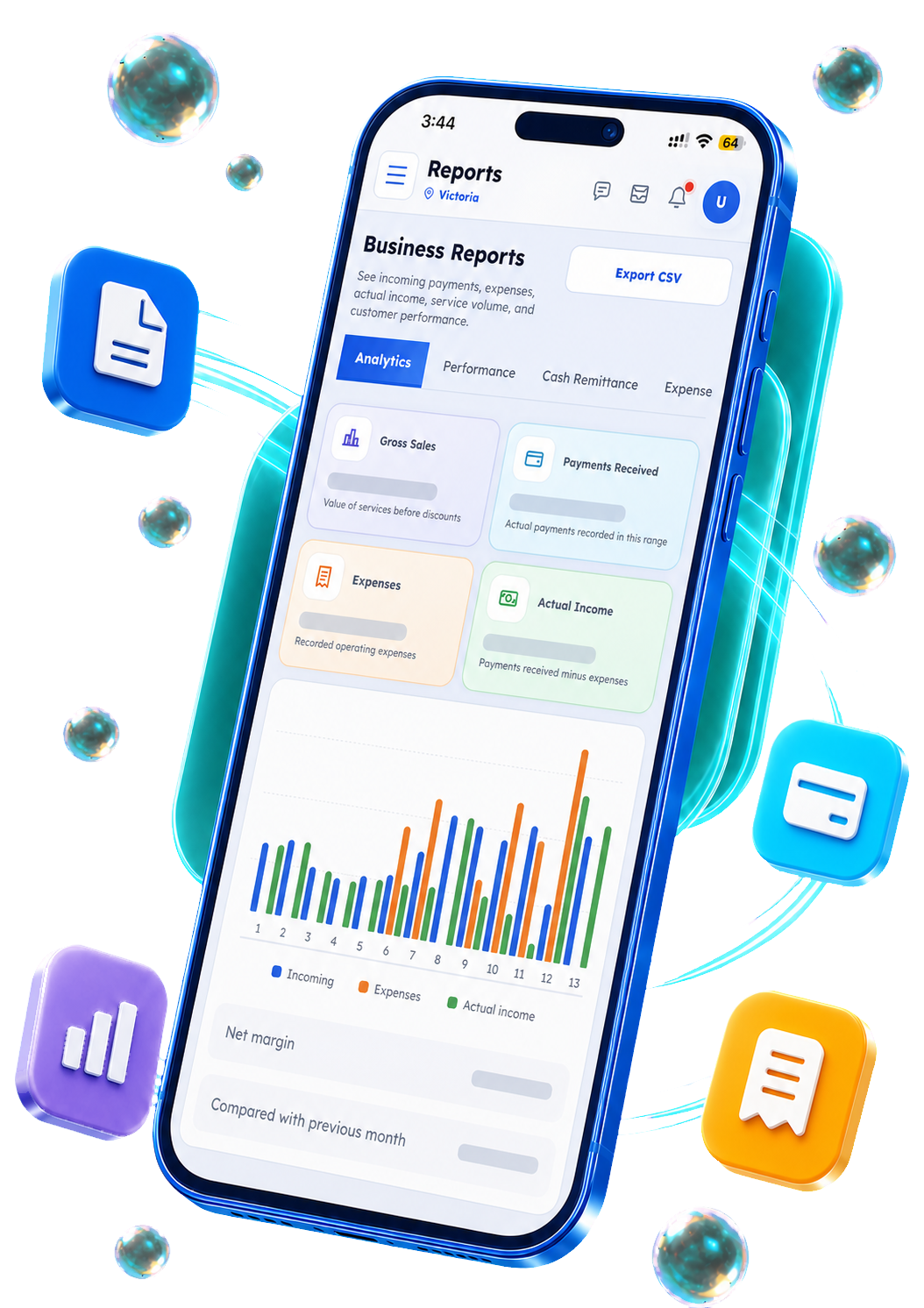 Laundrix Business Reports interface on a floating cobalt phone with transparent liquid-glass layers